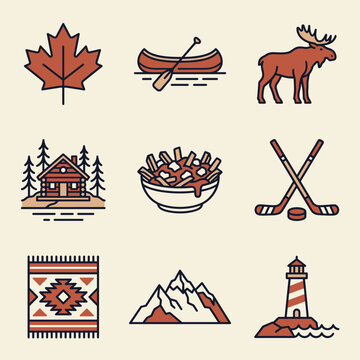 Set of Canadian symbols icons flat line style vector illustration