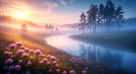 Obraz premium Misty Sunrise Over Serene River Valley with Wildflowers.