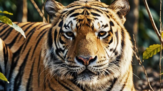 Detailed close-up portrait of an adult tiger showing distinct orange and black stripes, long whiskers, and amber eyes, looking at the camera in a natural forest habitat.