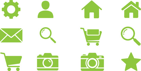 Green flat user interface icon collection featuring settings user home search shopping cart camera mail and favorite symbols © MDNazmul