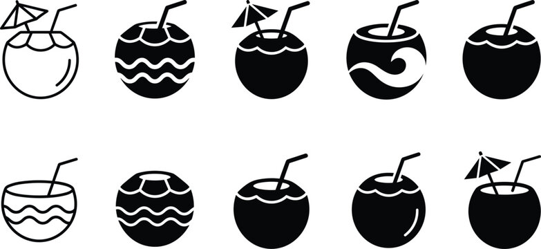 Collection of stylized coconut drinks with straws and umbrellas on white background vector illustration