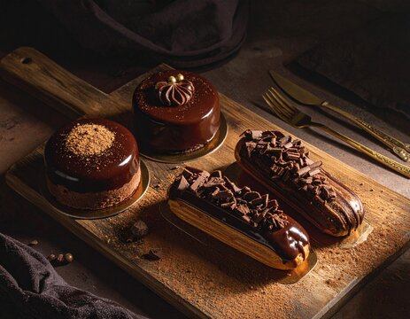 Luxury Dark Chocolate Pastries and Eclairs Flat Lay on Rustic Wooden Board with Gourmet Dessert Styling