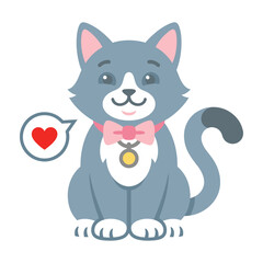 Fototapeta premium Cute Grey Cat with Pink Bow Tie and Heart Symbol Sitting Isolated on White Background Design