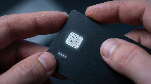 Hands Holding a Black Credit Card with an EMV Chip for Secure Transactions.