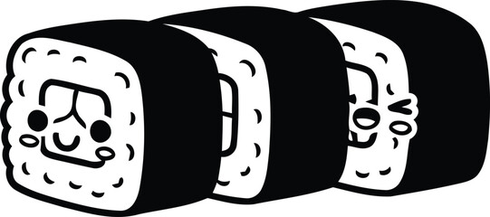 Cute kawaii maki sushi rolls black and white cartoon characters vector © SEMA