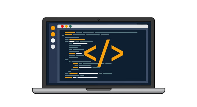 Coding, web development, programming concept, laptop with code on screen, coding workspace, developer tools
