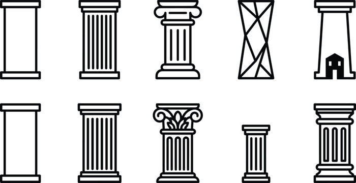 Collection of ancient architectural columns in a clean graphic style on a white background