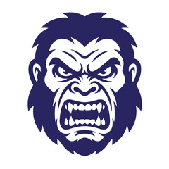 Obraz premium Fierce angry gorilla head graphic illustration with bared fangs in blue stylized primate mascot design wild animal design element wildlife art white background aggressive illustration strength