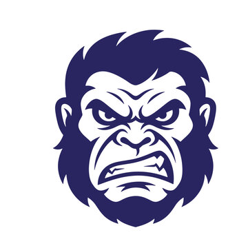 Aggressive gorilla head graphic illustration in blue stylized primate mascot design displaying anger and power with wild animal design element wildlife art white background aggressive strength