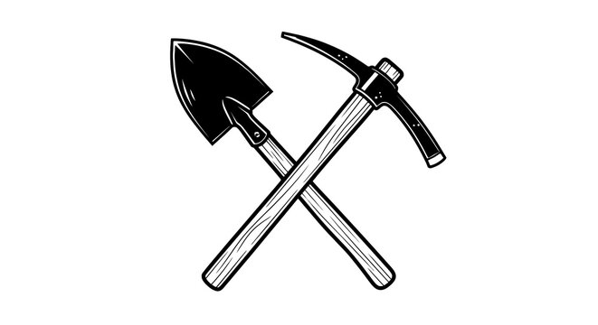 Mining tools crossed pickaxe shovel.