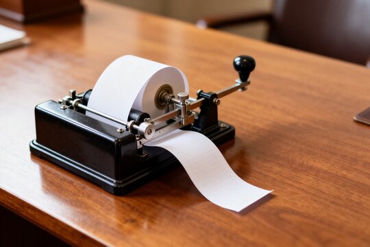 Vintage telegraph machine on wooden table