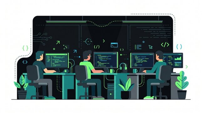 Flat vector illustration of a technology office where programmers code on multiple monitors in a dark mode environment with glowing green blue black.
