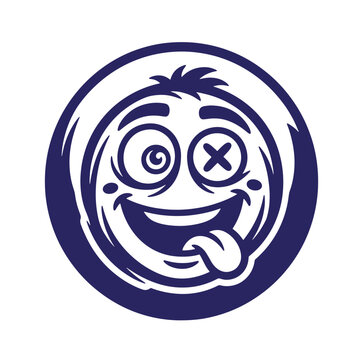 Crazy cartoon face with spiral eye x eye wide grin and tongue sticking out expression illustration character bewildered confusion astonishment surprise positive eccentricity abstract