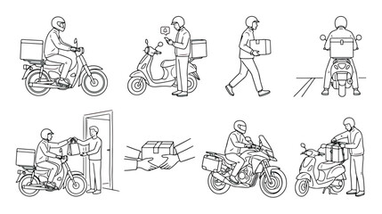 Minimalist delivery service line art icons, courier on motorcycle and scooter vector set, food delivery man with thermal backpack and cardboard boxes © usman