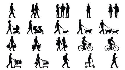 Black silhouettes of people walking and cycling, set of urban pedestrian figures with strollers and dogs, diverse crowd vector icons for city planning © usman