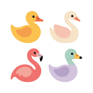 Waterfowl Birds Collection, Duck And Swan Characters In Hues, Cute Style, Sticker Pack Icon Set, Flat Vector Icons, Clipart Collection