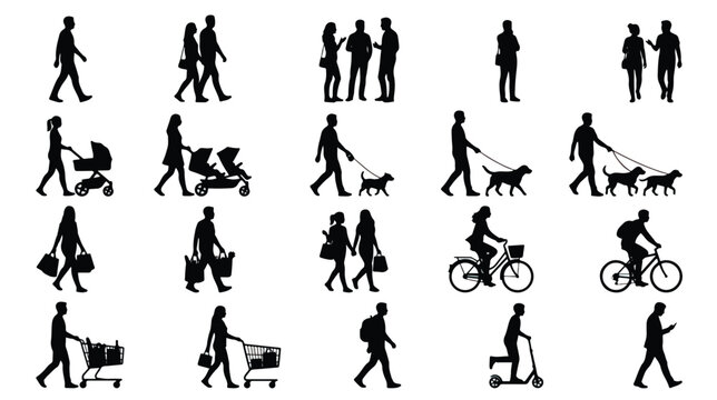 Black silhouettes of people walking and cycling, set of urban pedestrian figures with strollers and dogs, diverse crowd vector icons for city planning