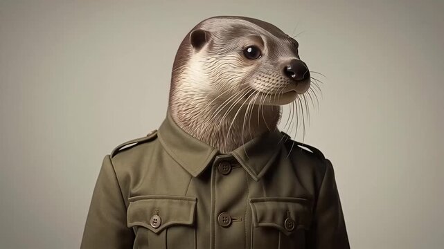 Anthropomorphic Otter Wearing Military Jacket Studio Portrait.