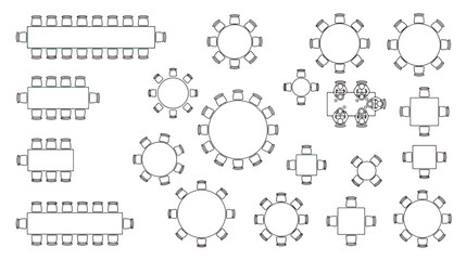 Architectural floor plan table icons, top view furniture symbols for restaurant and office layout, black and white vector seating arrangement set © usman