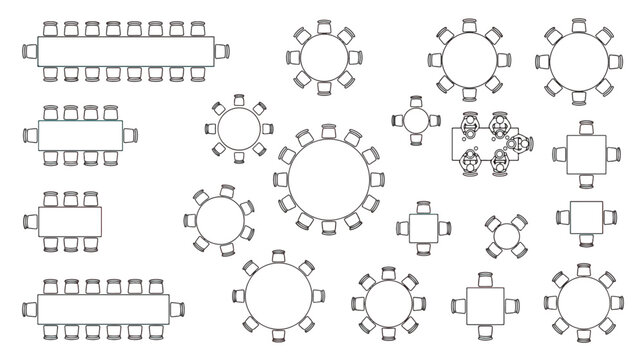 Architectural floor plan table icons, top view furniture symbols for restaurant and office layout, black and white vector seating arrangement set
