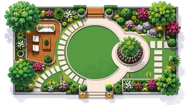 Modern landscape garden plan top view, architectural backyard design with circular lawn and patio, residential garden layout vector