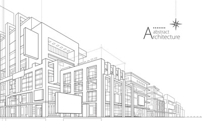 Obraz premium 3D abstract urban architecture outlined in black and white, showcasing imaginative construction and perspective.