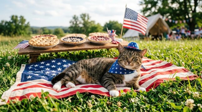 Patriotic cat enjoying pies on american flag blanket