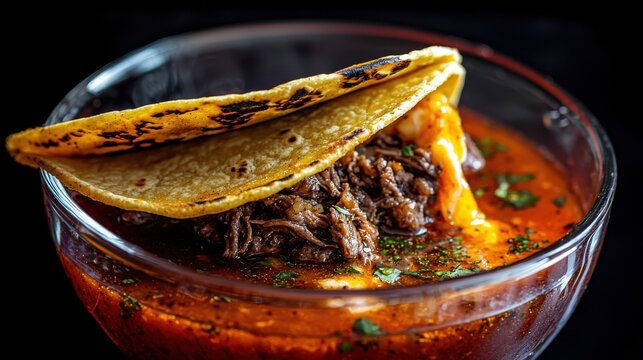 Premium birria tacos consomme with melted cheese strings and slow-braised beef in traditional Mexican restaurant presentation with rich broth