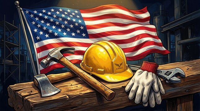 American construction tools and safety gear with usa flag