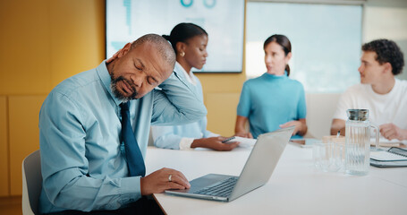 Fototapeta premium Man, neck pain and laptop for meeting in boardroom with fatigue, injury or tired at finance company. Person, muscle strain and fibromyalgia in office, burnout or computer at asset management agency