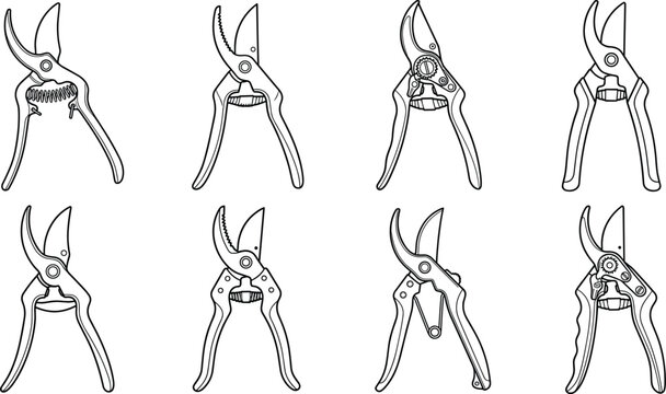 Garden secateurs collection in clean line art detail against a white background
