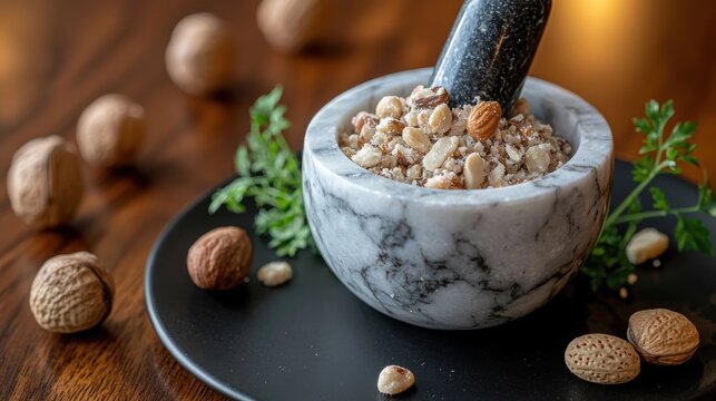 Crushed nuts mixed almonds walnuts in marble mortar and pestle on dark slate plate with fresh herbs professional culinary ingredient preparation