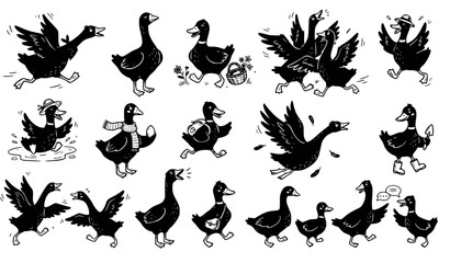 Funny black geese and duck doodle character vector illustration © RUMA