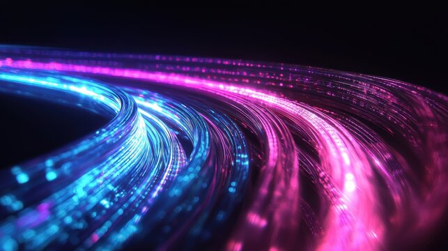 Curved cable detail flexible fiber optic strands creating flowing light trails with cyan magenta illumination in curved motion paths