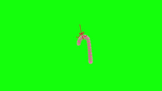 2D animated pink candy cane with darker pink stripes and a red ribbon bow tied around the hook, featuring a subtle glitter texture, swaying gently, isolated on a solid green screen background.