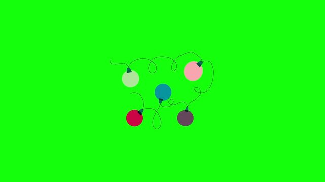 2D animated colorful string lights with round bulbs in pink, blue, purple, and red hanging on a curly black wire, isolated on a solid green screen background.