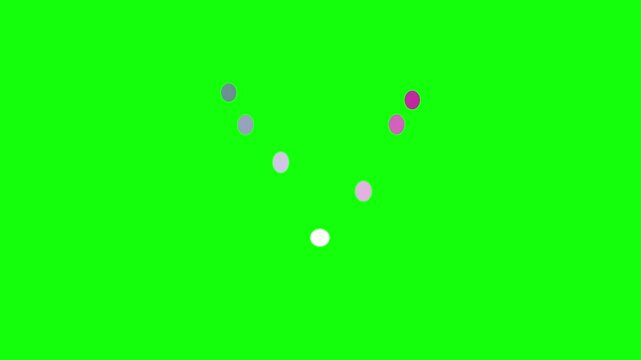 2D animated pastel colored balls moving in a wave pattern, bouncing along a sinusoidal path, shades of purple, pink, white, and grey, isolated on a solid green screen background.