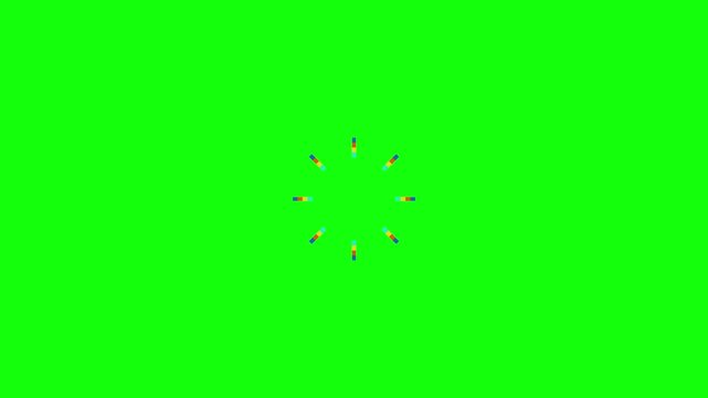2D animated multi-colored rectangular bars arranged in a radial circle pattern, resembling a loading spinner or sunburst, segments of blue yellow and red, isolated on a solid green screen background.