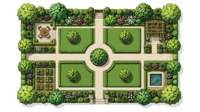 Landscape design garden plan vector, top view architectural site map with green lawn and trees, formal backyard layout with patio and pond