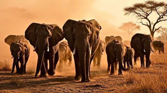 A large herd of African elephants walking across a dry, dusty savannah towards the viewer during golden hour sunset with large dust clouds and acacia trees in the background.