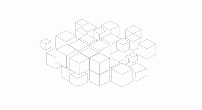 Abstract geometric cube wireframe structure on white background.