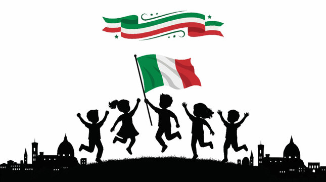Children joyfully wave Italian flag on city skyline