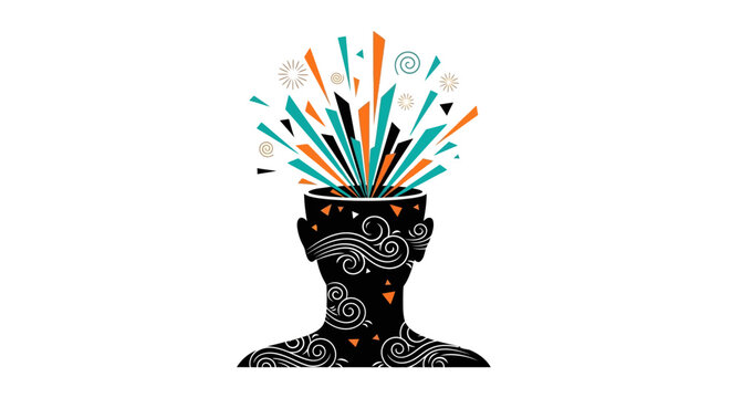 Abstract illustration of a human head with colorful ideas exploding outwards.