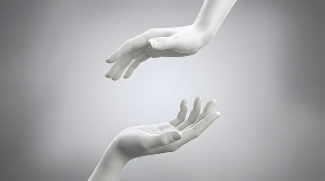 Two white mannequin hands reaching towards each other against a soft gray background