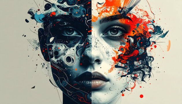 
An abstract Halloween fashion portrait of a scary devil woman with red and black makeup, her face painted like a skull for a carnival mask illustration