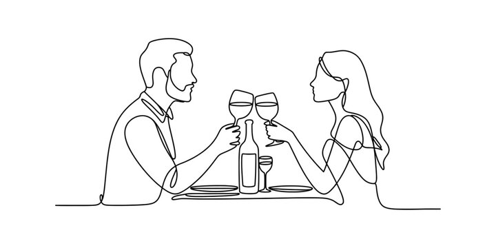 Couple celebrating with wine, continuous line art illustration
