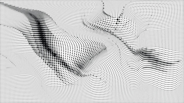 Abstract black and white fluid dynamics simulation of moving particles with complex, flowing patterns creating an artistic and energetic visual