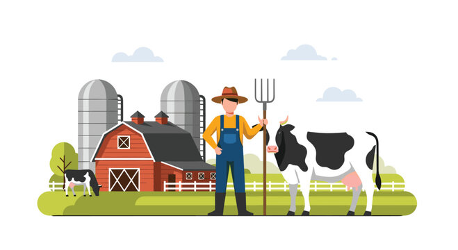 Proud farmer holding a pitchfork stands beside a black and white cow in front of a red barn and silos.