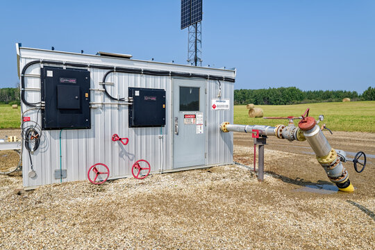 Elmworth, Alberta, Canada - July 25, 2018: A utility building at a small Cenovus Energy pipeline facility