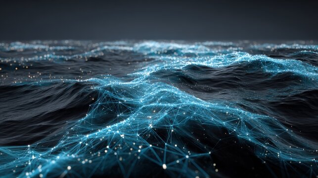 Futuristic ocean monitoring network with glowing blue data streams ESG technology concept